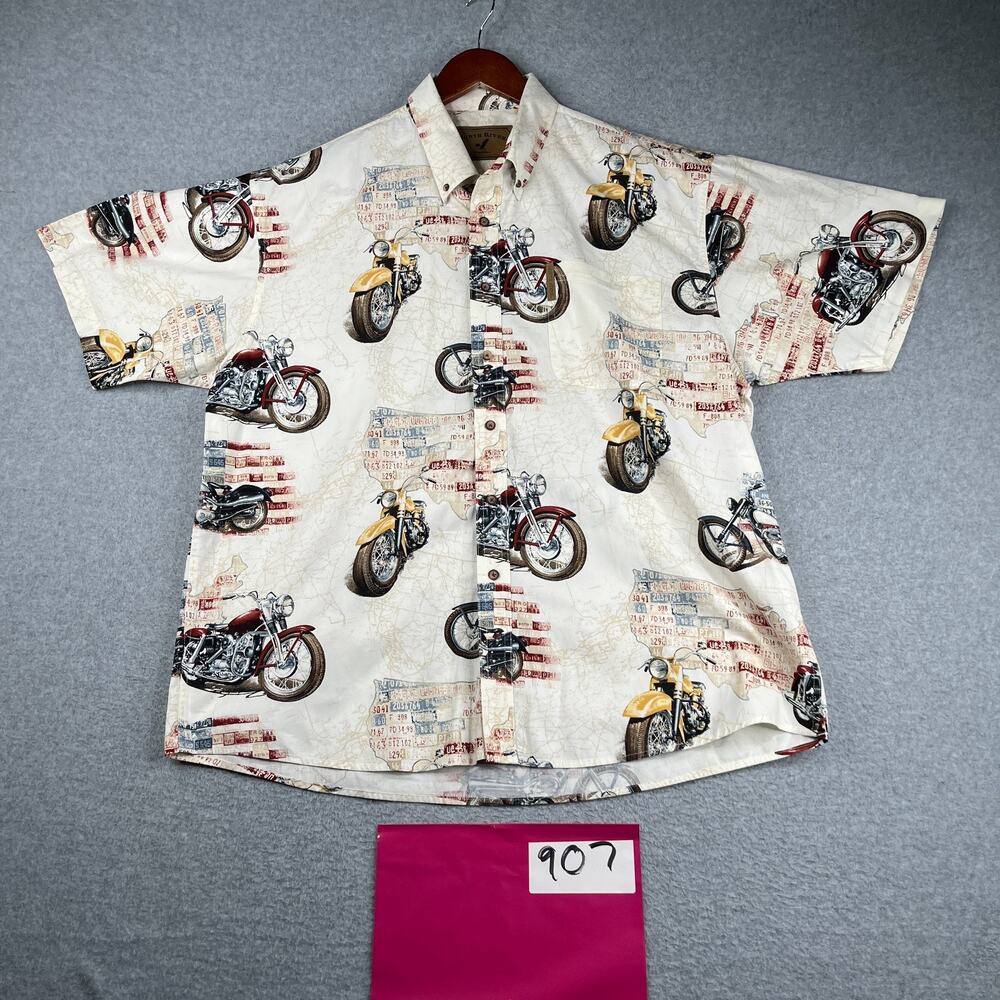 North River USA Flag Motorcycle Print Shirt XL Button Up Short Sleeve Mens